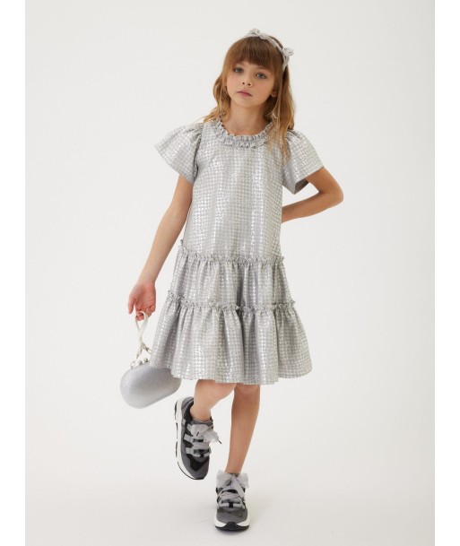 Monnalisa Girls Houndstooth Jacquard Dress in Silver Les magasins à Paris et en Île-de-France