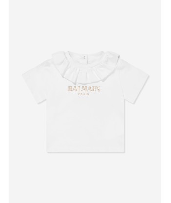 Balmain Baby Girls Frilly Collar Logo T-Shirt in White rembourrage situé sous