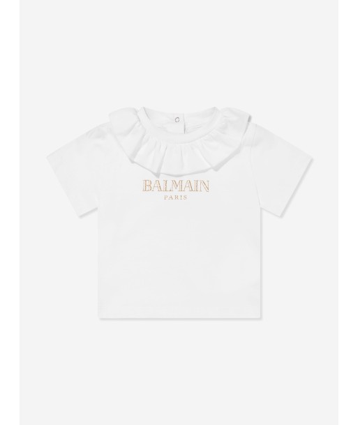 Balmain Baby Girls Frilly Collar Logo T-Shirt in White rembourrage situé sous