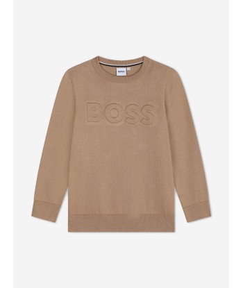 BOSS Boys Knitted Logo Jumper in Brown Voir les baskets