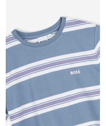 BOSS Boys Striped Logo T-Shirt in Grey solde