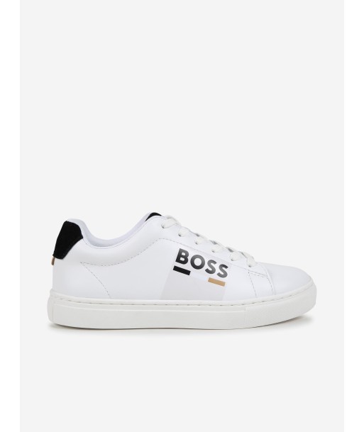 BOSS Boys Leather Logo Trainers in White les muscles