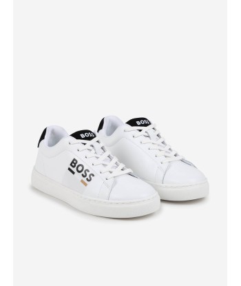 BOSS Boys Leather Logo Trainers in White les muscles