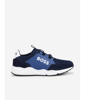 BOSS Boys Leather Logo Trainers in Blue JUSQU'A -70%! 