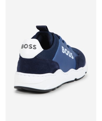 BOSS Boys Leather Logo Trainers in Blue JUSQU'A -70%! 