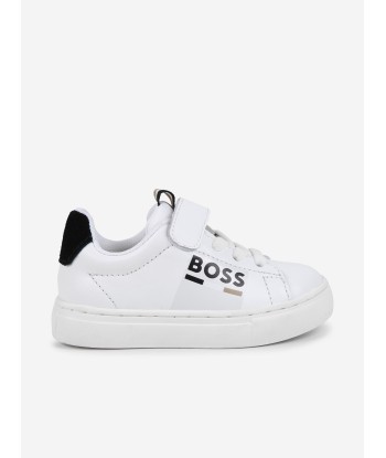 BOSS Boys Leather Logo Trainers in White commande en ligne