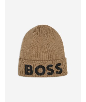 BOSS Boys Knitted Logo Beanie Hat in Brown français