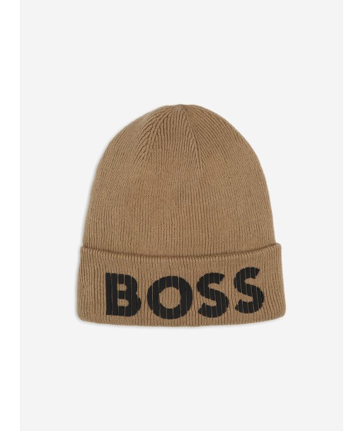 BOSS Boys Knitted Logo Beanie Hat in Brown français