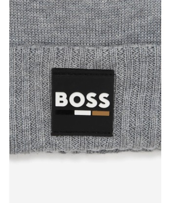 BOSS Boys Logo Badge Beanie Hat in Grey de technologie