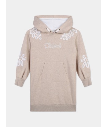 Chloé Girls Embroidered Hooded Sweater Dress in Beige en ligne