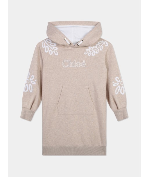 Chloé Girls Embroidered Hooded Sweater Dress in Beige en ligne