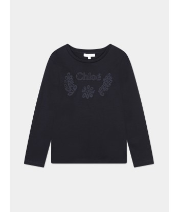 Chloé Girls Embroidered Long Sleeve T-Shirt in Navy Faites des économies