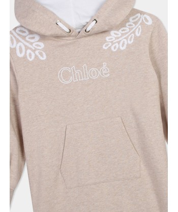 Chloé Girls Embroidered Hooded Sweater Dress in Beige en ligne