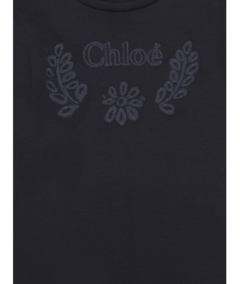 Chloé Girls Embroidered Long Sleeve T-Shirt in Navy Faites des économies