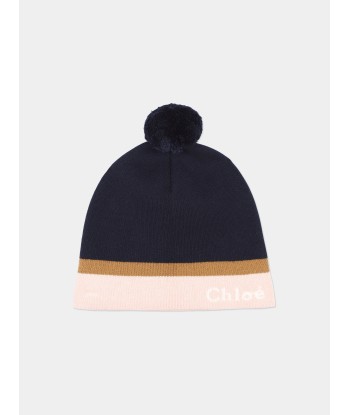 Chloé Girls Knitted Bobble Hat in Navy vous aussi creer 