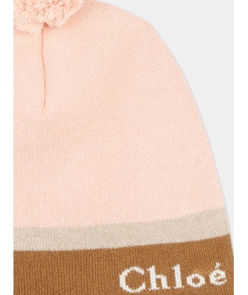 Chloé Girls Knitted Bobble Hat in Pink pas cher