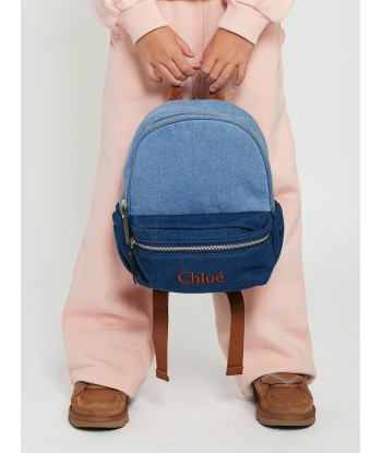 Chloé Girls Denim Logo Backpack in Blue (27cm) pas cher 