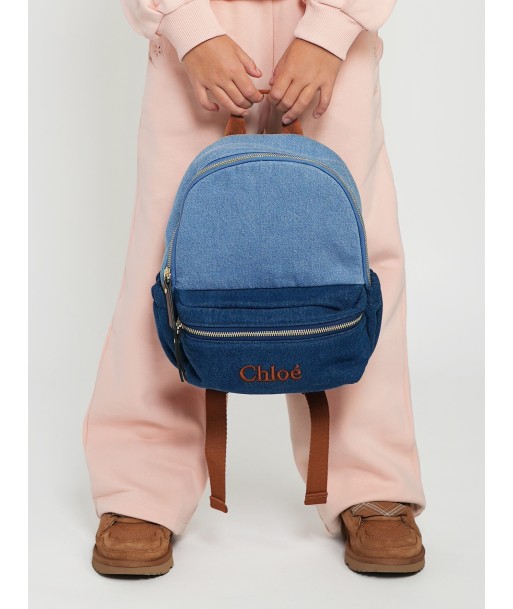 Chloé Girls Denim Logo Backpack in Blue (27cm) pas cher 