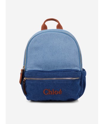 Chloé Girls Denim Logo Backpack in Blue (27cm) pas cher 