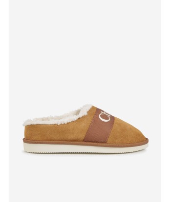 Chloé Girls Suede Logo Slippers in Brown Jusqu'à 80% De Réduction