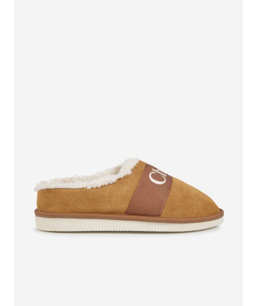 Chloé Girls Suede Logo Slippers in Brown Jusqu'à 80% De Réduction