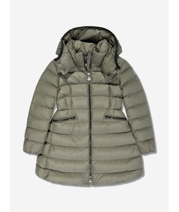 Moncler Enfant Girls Down Padded Charpal Long Coat in Green en linge