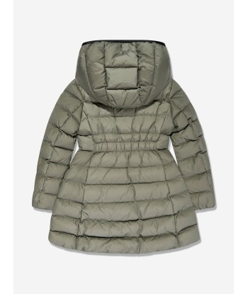 Moncler Enfant Girls Down Padded Charpal Long Coat in Green en linge