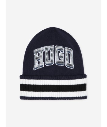 Hugo Boys Logo Beanie Hat in Blue Paris Déstockage Promo