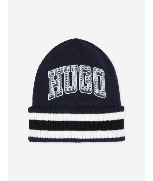 Hugo Boys Logo Beanie Hat in Blue Paris Déstockage Promo