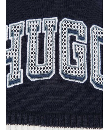 Hugo Boys Logo Beanie Hat in Blue Paris Déstockage Promo