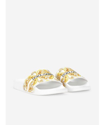 Dolce & Gabbana Girls Leather Maiolica Sliders in Yellow Venez découvrir notre 