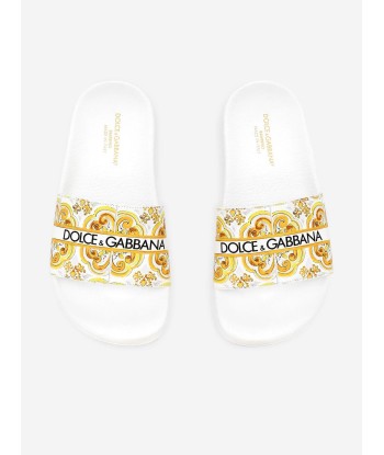 Dolce & Gabbana Girls Leather Maiolica Sliders in Yellow Venez découvrir notre 