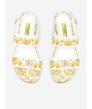 Dolce & Gabbana Girls Leather Maiolica Sandals in Yellow Dans la société mordern