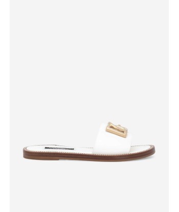 Dolce & Gabbana Girls Leather Logo Flat Slides in White rembourrage situé sous