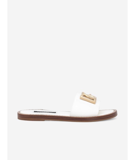 Dolce & Gabbana Girls Leather Logo Flat Slides in White rembourrage situé sous