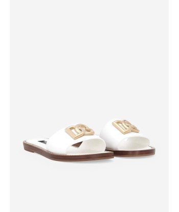 Dolce & Gabbana Girls Leather Logo Flat Slides in White rembourrage situé sous