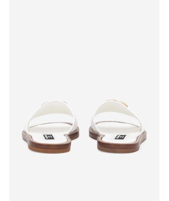 Dolce & Gabbana Girls Leather Logo Flat Slides in White rembourrage situé sous