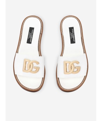 Dolce & Gabbana Girls Leather Logo Flat Slides in White rembourrage situé sous