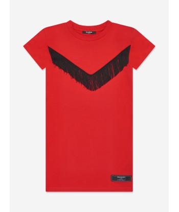 Balmain Girls Fringed Jersey Dress in Red pas cheres