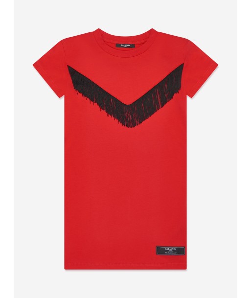 Balmain Girls Fringed Jersey Dress in Red pas cheres