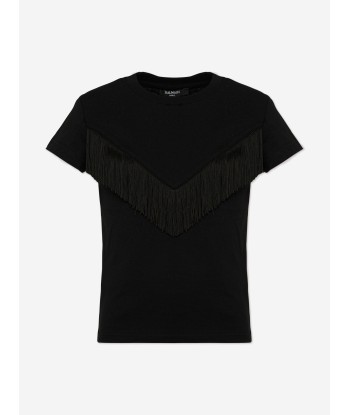 Balmain Girls Fringed T-Shirt in Black outlet