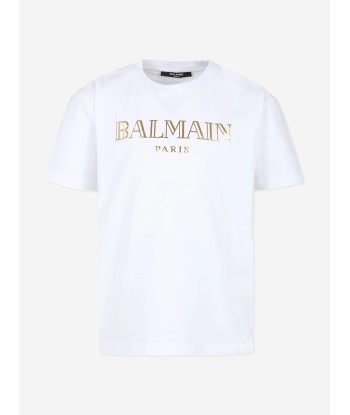 Balmain Kids Paris Logo T-Shirt in White pas cher chine