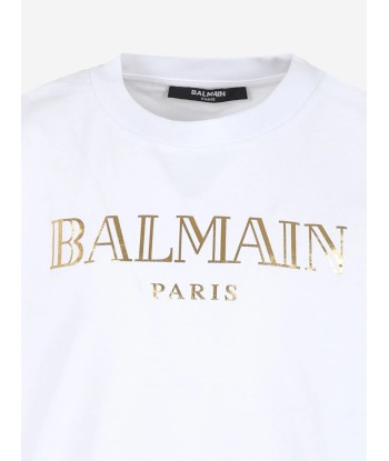 Balmain Kids Paris Logo T-Shirt in White pas cher chine