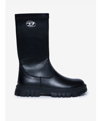 Diesel Girls Leather Logo Boots in Black en ligne