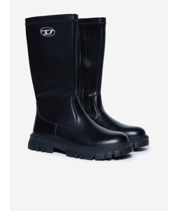 Diesel Girls Leather Logo Boots in Black en ligne