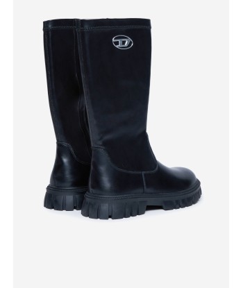 Diesel Girls Leather Logo Boots in Black en ligne