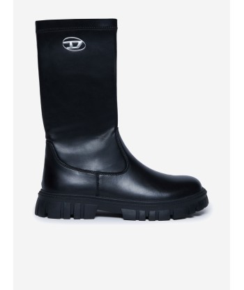 Diesel Girls Leather Logo Boots in Black en ligne