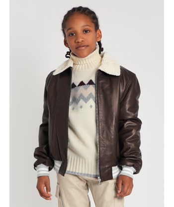 Eleventy Boys Leather Aviator Jacket in Brown basket pas cher