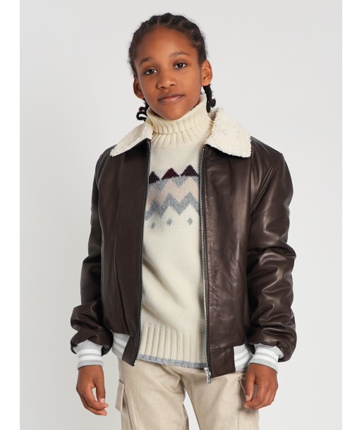 Eleventy Boys Leather Aviator Jacket in Brown basket pas cher