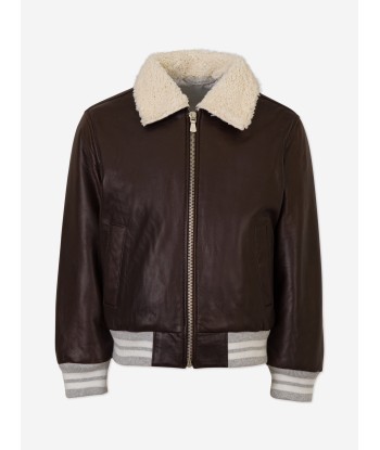 Eleventy Boys Leather Aviator Jacket in Brown basket pas cher